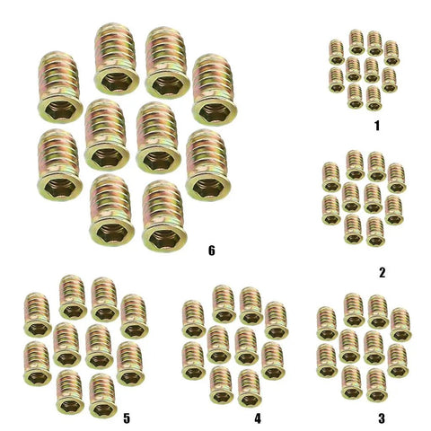 Solid M6 By 15mm Furniture Insert Nuts Hex Socket Fasteners With Zinc Coating For Wood Projects, displayed in groups.