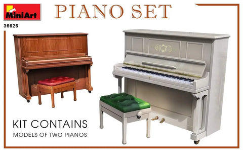 Dope One To Thirty Five Scale Piano Set Plastic Model Kit 35626 Detailed Piano Props For Dioramas For Builders And Collectors Various Colors Ukraine Origin Ages 14 And Up featuring two detailed pianos with benches.