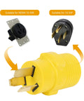 Heavy Duty Nema 10 50P To 14 50R Adapter Connects Three Prong Male Plug To Four Prong Female Receptacle shown with 10-50R and 14-50P plugs