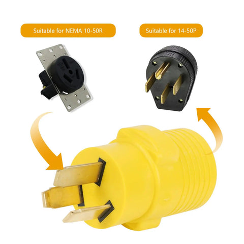 Heavy Duty Nema 10 50P To 14 50R Adapter Connects Three Prong Male Plug To Four Prong Female Receptacle shown with 10-50R and 14-50P plugs