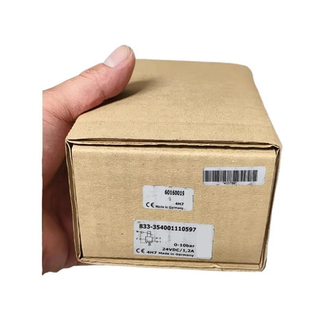 Front view of a cardboard box for an electric proportional valve, model 60160019, 0-10bar, 24V/1.2A