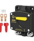 Waterproof 60 Amp 12V DC Circuit Breaker For Marine And Auto Use With Manual Reset Switch shown with accessories