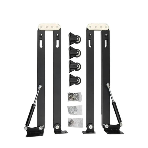 Black Folding Table Hinge And Concealed Cabinet Connector with steel pivot brackets and mounting hardware for stable setups.