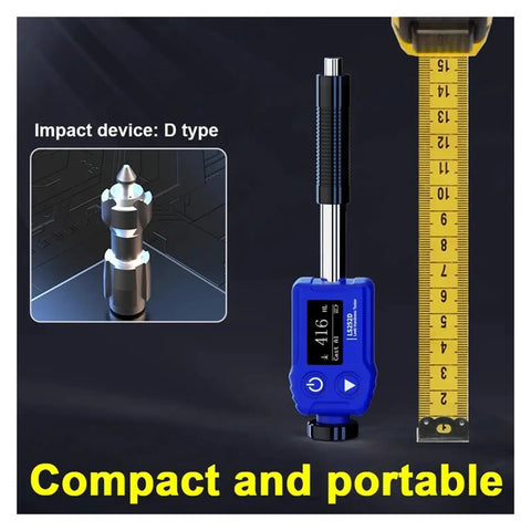 Portable Digital Leeb Hardness Tester And Durometer For Steel Metal Testing With Dual Coil Technology showing D type impact probe with measuring tape.