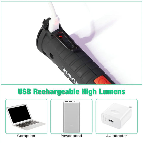 Close-up of 4 Pack LED Work Lights With COB Beams USB charging port, showing compatibility with laptop, power bank, AC adapter.