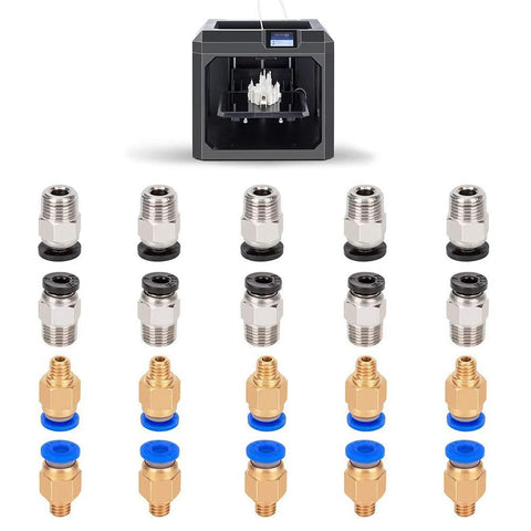 PC4-M6/M10 pneumatic push-to-connect fittings set for 3D printer Bowden, 20 pcs silver and brass with blue seals