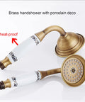 Top Shelf Antique Brass Shower System With Swivel Tub Spout And Adjustable Handheld Sprayer Featuring 8 Inch Rain Shower Head with heat-proof porcelain handle.