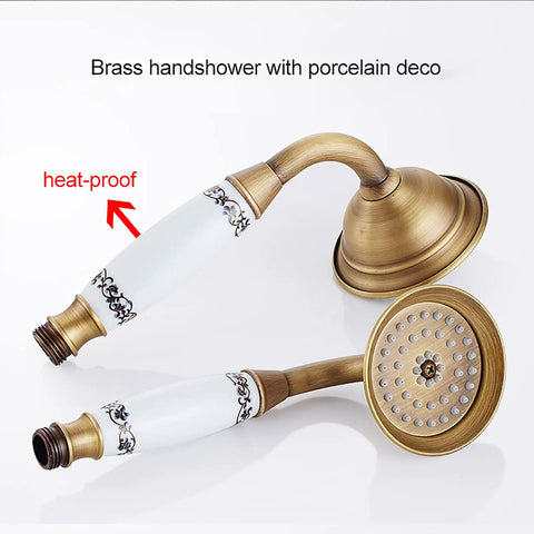 Top Shelf Antique Brass Shower System With Swivel Tub Spout And Adjustable Handheld Sprayer Featuring 8 Inch Rain Shower Head with heat-proof porcelain handle.