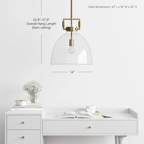 Leigh Pendant Light With Oversized Glass Shade And Adjustable Cord over white desk in modern decor