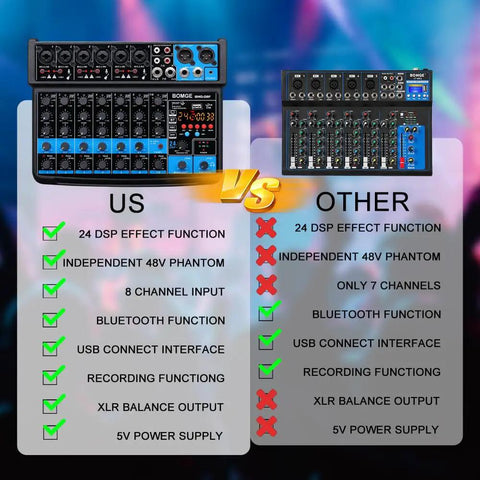 Comparison of Eight Channel Mini Audio Mixer With MP3 Player And Bluetooth USB Recording U Disk And 24 DSP Effects