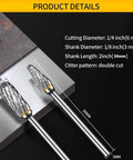Carbide burr set with 1/8 in shanks, double-cut pattern, 1/4 in diameter and 50 mm length; two bits shown