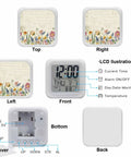 Super Chill Wildflower Digital Alarm Clock With Truly Silent Operation, Integrated Nightlight And Easy Snooze Button, Displays Time Date And Temperature, A Must Have Bedroom Essential, showing top, front, and side views.