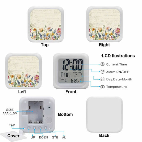 Super Chill Wildflower Digital Alarm Clock With Truly Silent Operation, Integrated Nightlight And Easy Snooze Button, Displays Time Date And Temperature, A Must Have Bedroom Essential, showing top, front, and side views.