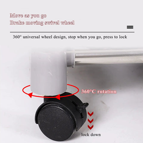 Close-up of wheel mechanism on Sturdy Stainless Floor Standing Broom And Mop Rack On Wheels Movable Cleaning Tool Cart.