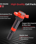 Set Of 4 Ignition Coil Packs And Platinum Spark Plugs For 1.8L 2.0L L4 Engines In Hyundai Elantra Elantra GT Coupe Tucson Kia Soul Forte Replaces UF651 C1804 - close-up of a single ignition coil pack with red detailing