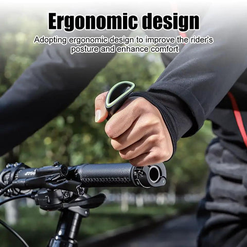 Hand holding ergonomic bike handlebar grips set with multi angle adjustable bar ends for comfortable hand position and reduced strain.