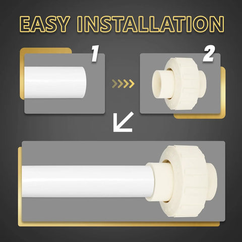 Step-by-step guide for installing 50 Pack CPVC Union Fittings 1 Inch By 1 Inch Slip Socket Pipe Connectors featuring easy push fit design.