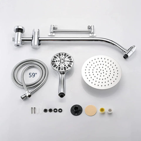 Rainfall 8 Inch Round Shower Head With High Pressure Handheld Spray Combo Drill Free Slide Bar, hose, and fittings chrome