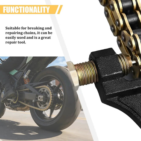Close-up of Beefy Heavy Duty Motorcycle And Bicycle Chain Breaker Tool with Riveting Pin breaking a chain on a motorcycle.