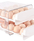 32 Capacity Egg Holder For Fridge With Time Scale Two Drawer Egg Storage Container Organizer Bin Keeps Eggs Fresh And Easy To See And Grab In Your Kitchen showing two open drawers filled with eggs.