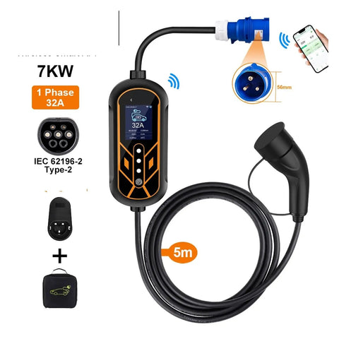 Road Tripping Made Simple With This Portable Type 2 Electric Car Charger showcasing a 5M cable, 32A, smart app control.