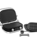 SMEG MGF01 Retro Countertop Electric Grill and Panini Press With Swappable Plates For Waffles, Burgers, And Steak, open view with plates.