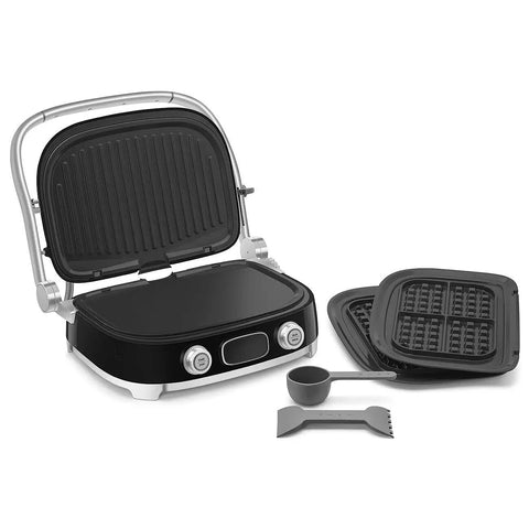 SMEG MGF01 Retro Countertop Electric Grill and Panini Press With Swappable Plates For Waffles, Burgers, And Steak, open view with plates.