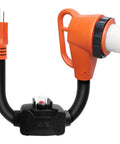 Overload Protected Heavy Duty RV Power Adapter Cord 50 Amp To 110 Volt With Built In 15 Amp Circuit Breaker 15 Amp 20 Amp Household To 50 Amp RV Plug In Twist Lock NEMA 5 15P To SS2 50R ETL Listed, orange with ergonomic handle