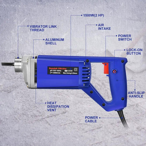 Powerful 1500W Handheld Concrete Vibrator With 15000 VPM, Lightweight 1 3 8 Inch Shaft, detailed view of electric tool features