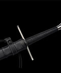 Close-up of Beefy Hand Forged Spring Steel Medieval Longsword 46 Inch Full Tang With Black Brown Scabbard Tempered 50 To 55 HRC Grip