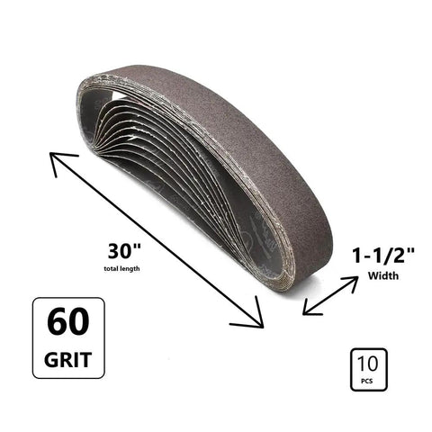 HPG60-10 Aluminum Oxide Sanding Belt One And One Half Inch By Thirty Inch 60 Grit Ten Pack displayed with dimensions.