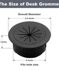 Super Sleek Two Inch Desk Grommet Cable Hole Covers showing dimensions, 2 inches, black rubber design for wire management.