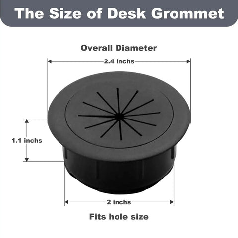Super Sleek Two Inch Desk Grommet Cable Hole Covers showing dimensions, 2 inches, black rubber design for wire management.