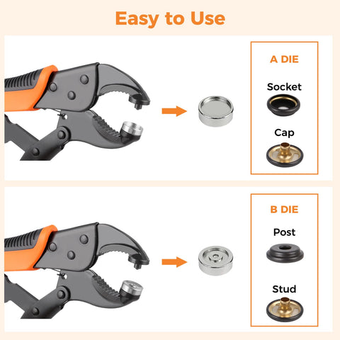 Heavy Duty Snap Fastener Tool Kit With Pliers For Metal Snaps Quick Install And Replacement For Leather, Canvas, Tarp, Boat Covers, Carpet, Furniture And More showing pliers and die components A and B