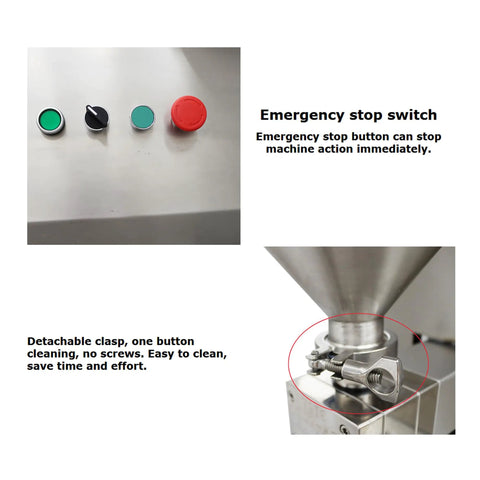 Pro Grade 110V Rotary Pump Filler For Thick Pastes And Runny Liquids With Durable Steel Housing And Easy Twisting Knobs showing emergency stop switch and detachable clasp.
