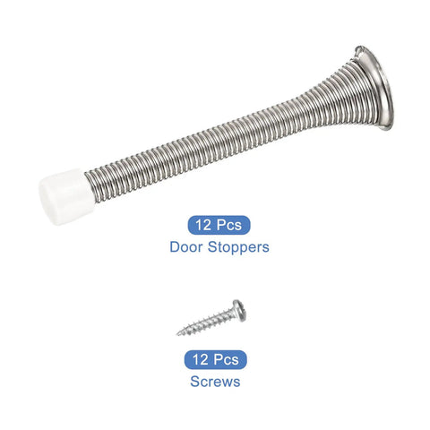 12 Pack Spring Door Stopper With Rubber Bumpers And Screws For Bottom Of Door Wall Protection Built To Last Steel Nickel Finish 3.75 Inch Length Prevent Scuffs And Door Slams, shown with screw.