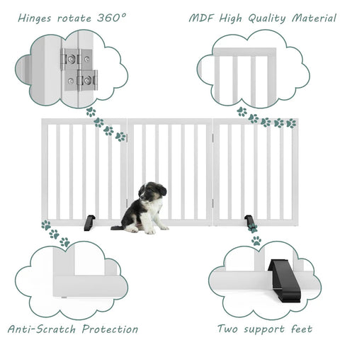 Freestanding Wooden Dog Gate With 3 Panels, 24 Inch Tall, Foldable White Pet Gate For Doorways And Stairs, Includes 2 Support Feet