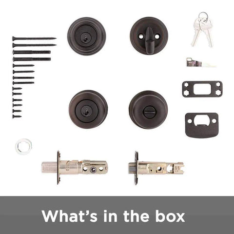 Juno Entry Door Knob And Deadbolt Combo With SmartKey Rekey Technology Venetian Bronze Finish components displayed
