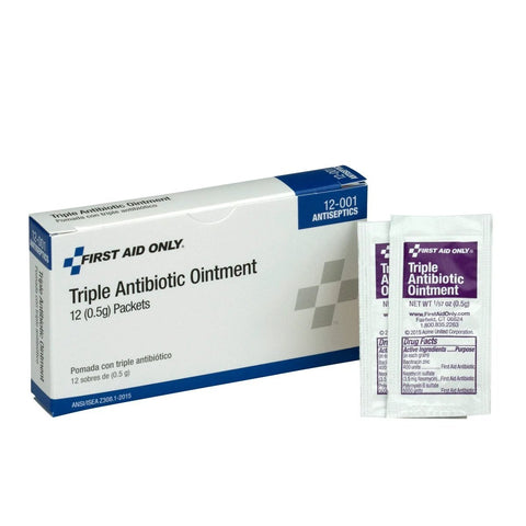 First Aid Only Triple Antibiotic Ointment packets, box of 12, front view with two sachets visible