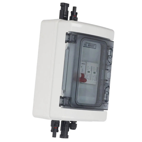 Side view of a PV Combiner Box With Built In DC Circuit Breaker 500V 32A 2P For Grid Tied Or Off Grid Solar Systems Photovoltaic Power Setup Wind Hybrid Accessories And Ready For Solar Wind Microgrid Projects. 