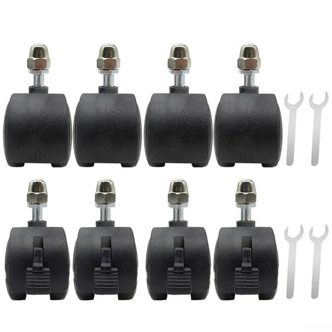Caster wheels, top-down view: eight black omni-directional wheels with metal stems and nuts; wrenches included.