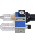 Compact Pro Grade FRL Unit with Regulator and Lubricator and Oil Separation for industrial pneumatic tools, side view.