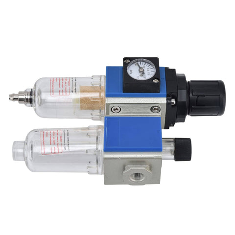 Compact Pro Grade FRL Unit with Regulator and Lubricator and Oil Separation for industrial pneumatic tools, side view.