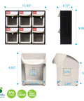 Super Easy Tilt Out Storage Cabinet With Six Smooth Glide Drawer Bins For Small Parts Sorting Stackable Plastic Craft Organizer Box With Quick Connect Modular Rack System Black dimensions and bins displayed.