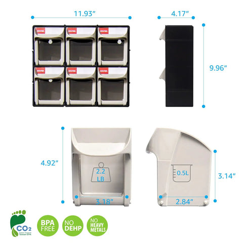 Super Easy Tilt Out Storage Cabinet With Six Smooth Glide Drawer Bins For Small Parts Sorting Stackable Plastic Craft Organizer Box With Quick Connect Modular Rack System Black dimensions and bins displayed.