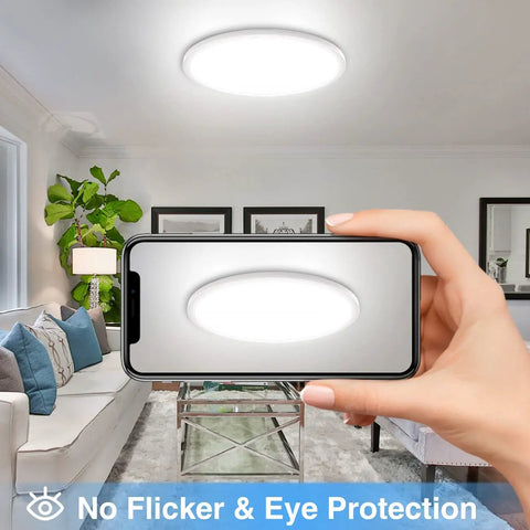 Six Pack 12 Inch Dimmable Flush Mount LED Ceiling Light 28W 3200LM 5000K Daylight White installed in modern living room