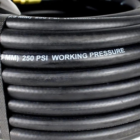 Coiled 100 Foot Heavy Duty Badass Rubber Air Hose 3/8 Inch NPT Fitting 250 PSI Rated Kink Resistant Flexible EPDM Pipe For Air Compressor And Tools Garage Shop Industrial Sick Premium Quality Workhorse Gear No BS Durability black hose
