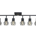 Black 6 Light Farmhouse Track Lighting Fixture With Metal Cage Design for ceiling mount, showing six adjustable heads.