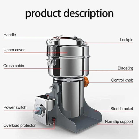 Diagram of Electric Grain Crusher High Speed Grinder 1400W Pulverizer Mill Powder Machine with labeled parts