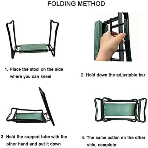 Folding method for Kneeler Seat For Gardening Portable 2-In-1 Garden Kneeling Chair With Handles And Tool Pouches, Lightweight Garden Bench For Parents And Seniors, Soft EVA Foam Pad And Comfy Cushioned Comfort.
